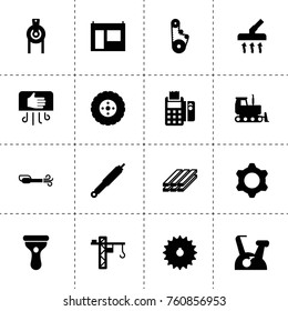 Simple 16 set of machine filled icons such as pos terminal, tire, chain gear, timing belt, suspension, portable vacuum cleaner, vacuum cleaner, hand dryier, slab, tower crane