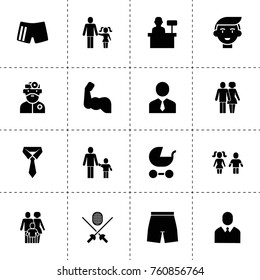 Simple 16 set of male filled icons such as businessman, tie, pram, boy, couple, farher and daughter, father and son, boy and girl, family, muscle, doctor, cashier, fencing