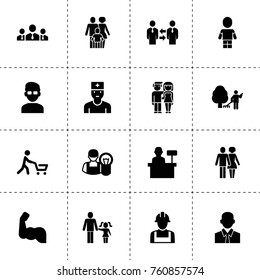 Simple 16 set of male filled icons such as businessmen communication, businessmen group, businessman, man, car electrician, garden cleaner, builder, husband and wife