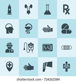 Simple 16 set of medical filled icons such as blood donation, medical location, test tube, heart beat monitor, doctor, brain in head, bandaged finger, bandaged hand