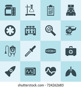 Simple 16 set of medical filled icons such as heartbeat, first aid kit, medicine, blood donation, test tube, medical, heart beat monitor, pipette, pill, nurse, helicopter