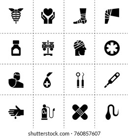Simple 16 set of medical filled icons such as medicine bottle, insurance, health insurance, patch, medical, electronic thermometer, test tube, blood, blood on hand