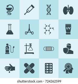 Simple 16 set of medicine filled icons such as insurance, injection, patch, test tube, dna, molecule, medical mask, medical examination of head, medical, medicine pills