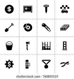 Simple 16 set of metal filled icons such as secateurs, dollar sign in gear, engine head, break, taxi, bucket, safe, slab, nail, stationery knife, shovel, construction, money