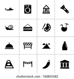 Simple 16 set of nobody filled icons such as pepper, back car light, detergent bottle, washer, bank, road barrier, house frame, paint, closed, yacht, snail, mountain, platter