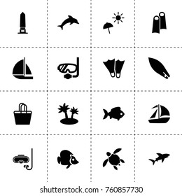 Simple 16 set of ocean filled icons such as fish, sail boat, scuba, boat, beach umbrella, sailboat, beach bag, dolphin, diving mask, flippers, island, shark, lighthouse