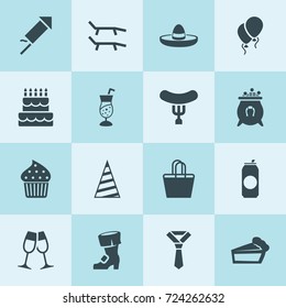 Simple 16 set of party filled icons such as tie, cauldron with horseshoe, glasses clink, piece of cake, sausage, cake, can, baloon, fireworks, st patrick's day boot