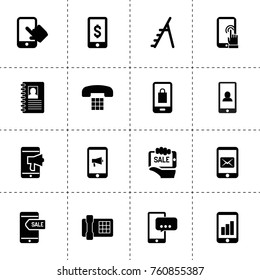 Simple 16 set of phone filled icons such as dollar sign on phone, contact book, phone, message on phone, ladder, finger on touch screen, message, sale