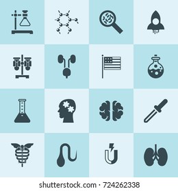 Simple 16 set of science filled icons such as rocket, american flag, gear brain, brain, test tube, medical, molecule, pipette, magnet, microorganisms, hair, kidney