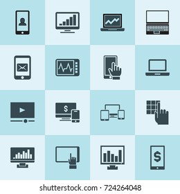 Simple 16 set of screen filled icons such as pc, laptop, phone, chart on display, dollar sign on mobile phone, graph on laptop, tablet, pressing the button, video player