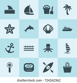 Simple 16 set of sea filled icons such as sea search, palm, windsurfing, boat, starfish, wave, beach bag, shell, octopus, dolphin, shark flipper, anchor, pool, bucket scoop