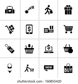 Simple 16 set of shopping filled icons such as present, shopping bag, sale tag, dollar sign on display, new, supermarket, add to cart, sport bag