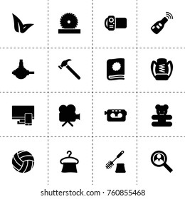 Simple 16 set of single filled icons such as user search, spherical bearing, car key, leaf, hanger, toilet brush, hammer, circular saw, movie camera, video camera, teddy bear