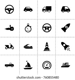 Simple 16 set of speed filled icons such as pickup, rocket, car, steering wheel, speedometer, truck, stopwatch, grinder, rocket medical, water bike, cruise ship, sailboat