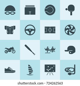 Simple 16 set of sport filled icons such as alloy wheel, steering wheel, shorts, windsurfing, diving mask, kayak, tennis table, tennis ball, baseball bat