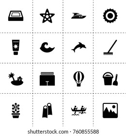 Simple 16 set of summer filled icons such as sun, rake, swimming pool, hot air balloon, shorts, flowerpot with dollar sign, wave, dolphin, kayak, landscape, bungalow