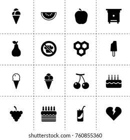 Simple 16 set of sweet filled icons such as honeycombs, cherry, grapes, pear, hive, broken heart, cake, ice cream, diet, apple, ice cream, soda