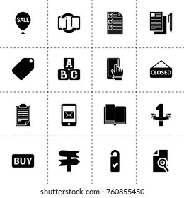 Simple 16 set of text filled icons such as need cleaning, paper, book, phone, a b c cube, document and pen, clipboard, document search, phone communication, message