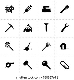 Simple 16 set of tool filled icons such as syringe, paper clip, wrench, car body repair, car key, broom, rake, road barrier, screw, measure tape, trowel, pick, rubber hummer