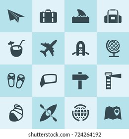 Simple 16 set of travel filled icons such as car mirror, map location, plane, paper plane, globe, boat, coconut cocktail, shell, shark flipper, flip-flops, suitcase