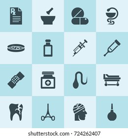 Simple 16 set of treatment filled icons such as injection, medicine, medical pill, syringe, patch, hospital stretcher, pill, medical, tooth, mortar, hair, surgical scissors