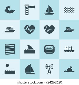 Simple 16 set of wave filled icons such as boat, sail boat, signal, heartbeat, sea, wave, cruise ship, buoy, plaid, shark flipper, pool, lighthouse, pier