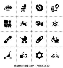 Simple 16 set of wheel filled icons such as break, tire pressure, garbage truck, chair, excavator, gear, train toy, tricycle, baby buggy, car toy, baby stroller, bicycle