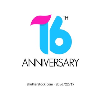 Simple 16th-anniversary logo. Birthday design with curved ribbon icon. sixteen year celebration