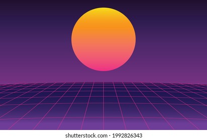 Simple 1980's vintage cyberpunk neon perspective grid with orange sunset, retrowave screen concept. Copy space