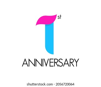 Simple 1st-anniversary logo. Birthday design with curved ribbon icon. One year celebration
