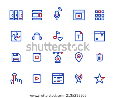 Simple 2 color line art icons set. Server, layouts, tap, wifi, favorite, floppy disk and other. Pixel perfect, editable stroke