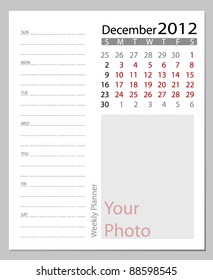 Simple 2012 calendar, December.  All elements are layered separately in vector file. Easy editable.