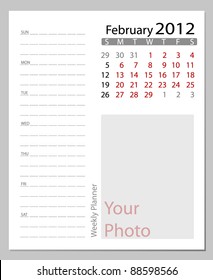 Simple 2012 calendar,  February.  All elements are layered separately in vector file. Easy editable.
