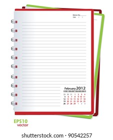 Simple calendario 2012 bloc de notas, febrero. Todos los elementos se clasifican por separado en el archivo vectorial. Fácil de editar.