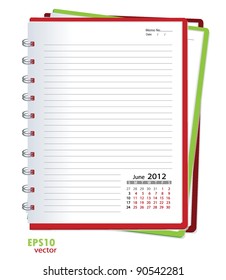 Simple 2012 calendar notebook, June. All elements are layered separately in vector file. Easy editable.