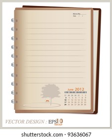 Simple 2012 calendar notebook, June. All elements are layered separately in vector file. Easy editable.