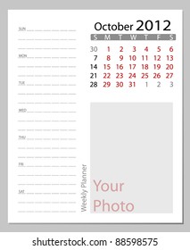 Simple 2012 calendar, October.  All elements are layered separately in vector file. Easy editable.