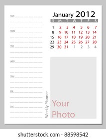 Simple 2012 calendar,January.  All elements are layered separately in vector file. Easy editable.