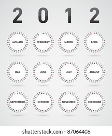 Simple 2012 vector calendar with month visualized at flying circles