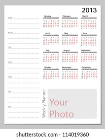 Simple 2013 calendar. All elements are layered separately in vector file. Easy editable.