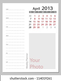 Simple 2013 calendar, April. All elements are layered separately in vector file. Easy editable.