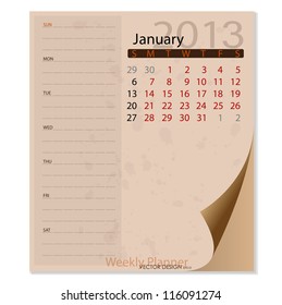 Simple 2013 calendar, January. All elements are layered separately in vector file. Easy editable.