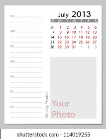 Simple 2013 calendar, July. All elements are layered separately in vector file. Easy editable.