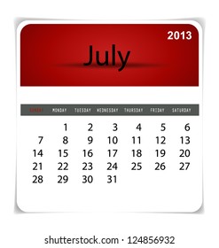 Calendario simple de 2013, julio. Todos los elementos se clasifican por separado en el archivo vectorial. Fácil de editar.