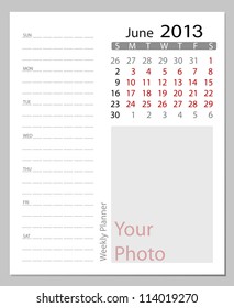 Simple 2013 calendar, June. All elements are layered separately in vector file. Easy editable.