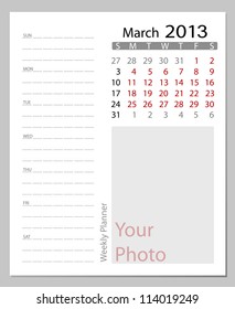 Simple 2013 calendar, March. All elements are layered separately in vector file. Easy editable.
