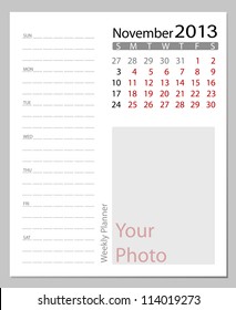 Simple 2013 calendar, November. All elements are layered separately in vector file. Easy editable.