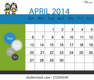Simple 2014 calendar, April. Vector illustration.