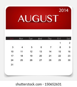 Simple 2014 calendar, August. Vector illustration.