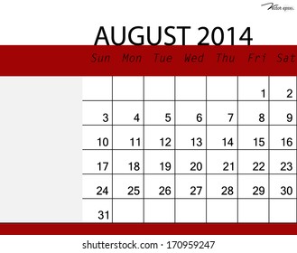 Calendário simples de 2014, agosto. Ilustração vetorial.